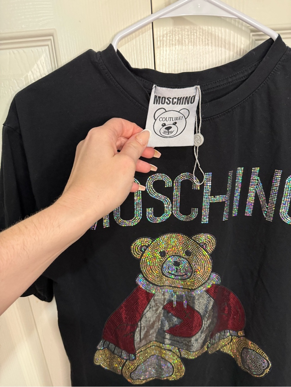 Moschino Teddy Bear Rhinestone Tee Y2K Luxury Streetwear Black Shirt - Picture 3 of 4